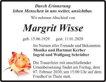Traueranzeige von Margrit Wisse von Mitteldeutsche Zeitung Quedlinburg