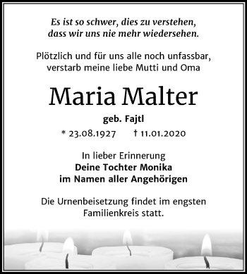 Traueranzeige von Maria Malter von Mitteldeutsche Zeitung Mansfelder Land