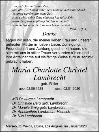 Traueranzeige von Maria Charlotte Christel Lambrecht von Mitteldeutsche Zeitung Merseburg/Querfurt