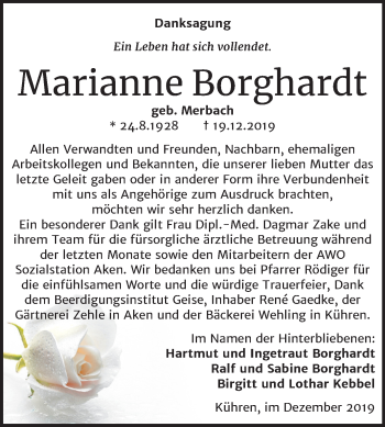 Traueranzeige von Marianne Borghardt von Super Sonntag Köthen