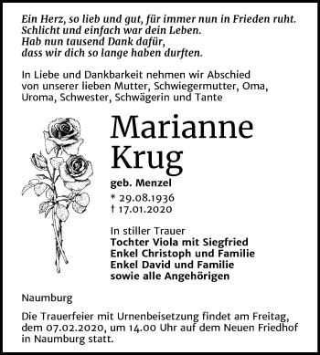 Traueranzeige von Marianne Krug von Wochenspiegel Naumburg/Nebra