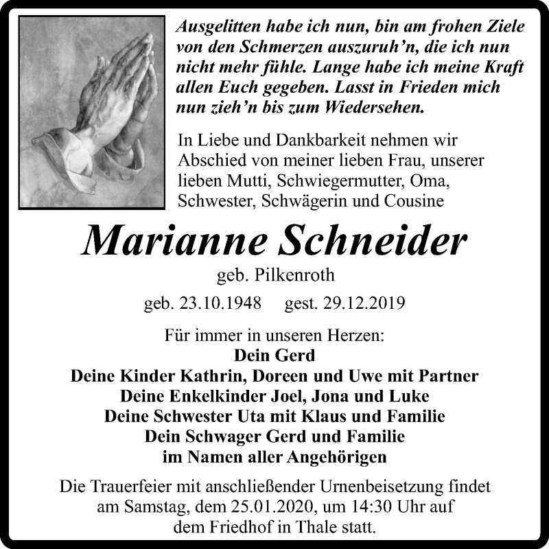 Traueranzeige für Marianne Schneider vom 11.01.2020 aus Mitteldeutsche Zeitung Quedlinburg