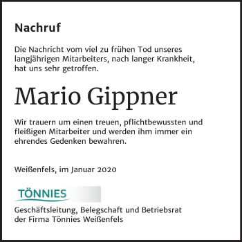 Traueranzeige von Mario Gippner von Mitteldeutsche Zeitung Weißenfels