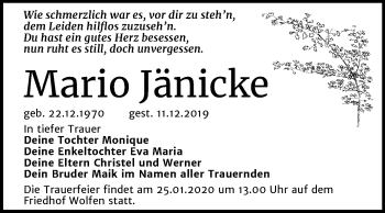 Traueranzeige von Mario Jänicke von Mitteldeutsche Zeitung Bitterfeld