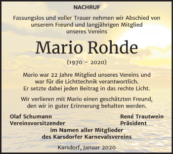 Traueranzeige von Mario Rohde von Wochenspiegel Naumburg/Nebra