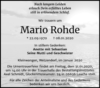 Traueranzeige von Mario Rohde von Wochenspiegel Naumburg/Nebra