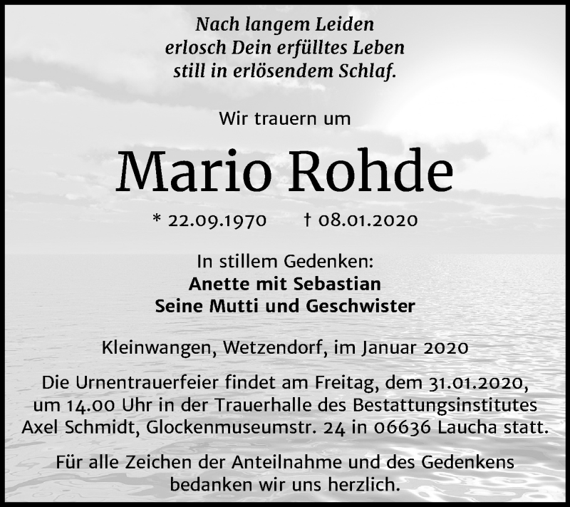  Traueranzeige für Mario Rohde vom 15.01.2020 aus Wochenspiegel Naumburg/Nebra