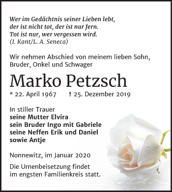 Traueranzeige von Marko Petzsch von Super Sonntag Zeitz