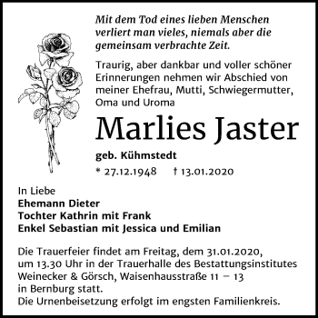 Traueranzeige von Marlies Jaster von Super Sonntag Bernburg