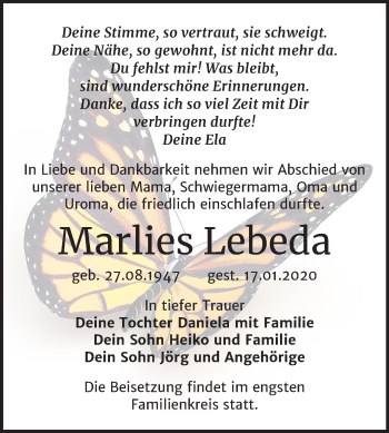 Traueranzeige von Marlies Lebeda von Mitteldeutsche Zeitung Wittenberg