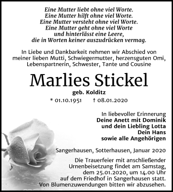 Traueranzeige von Marlies Stickel von Super Sonntag Sangerhausen