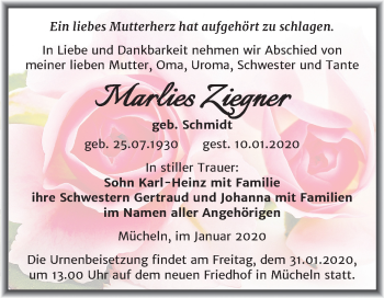 Traueranzeige von Marlies Ziegner von Super Sonntag Merseburg/Querfurt
