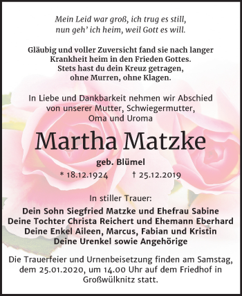 Traueranzeige von Martha Matzke von Super Sonntag Köthen