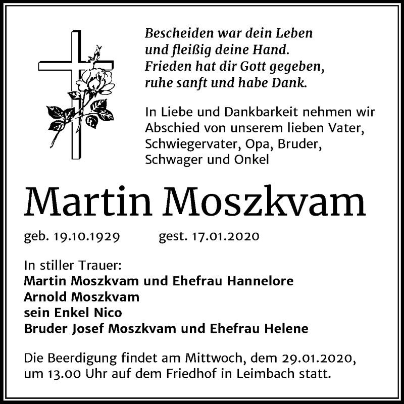  Traueranzeige für Martin Moszkvam vom 24.01.2020 aus Mitteldeutsche Zeitung Mansfelder Land