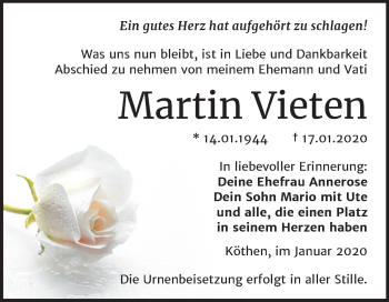 Traueranzeige von Martin Vieten von Mitteldeutsche Zeitung Köthen