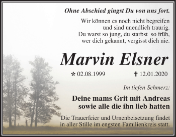 Traueranzeige von Marvin Elsner von Mitteldeutsche Zeitung Dessau-Roßlau