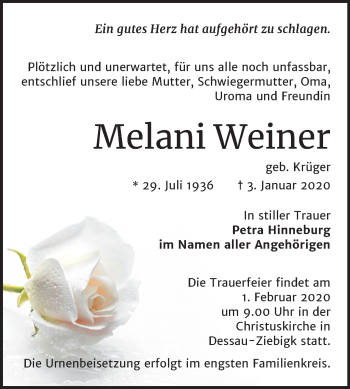 Traueranzeige von Melani Weiner von Super Sonntag Dessau-Roßlau
