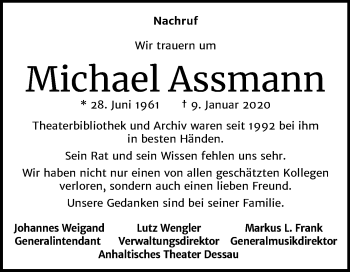 Traueranzeige von Michael Assmann von Mitteldeutsche Zeitung Dessau-Roßlau
