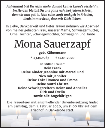 Traueranzeige von Mona Sauerzapf von Mitteldeutsche Zeitung Quedlinburg