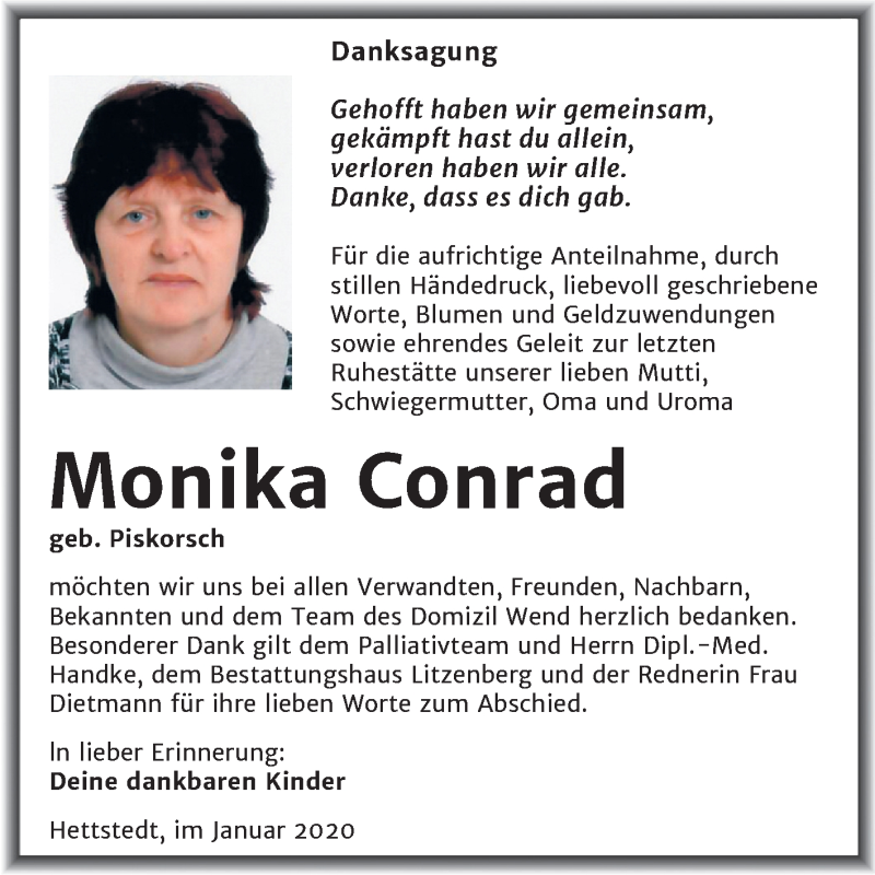  Traueranzeige für Monika Conrad vom 25.01.2020 aus Super Sonntag Mansfelder Land