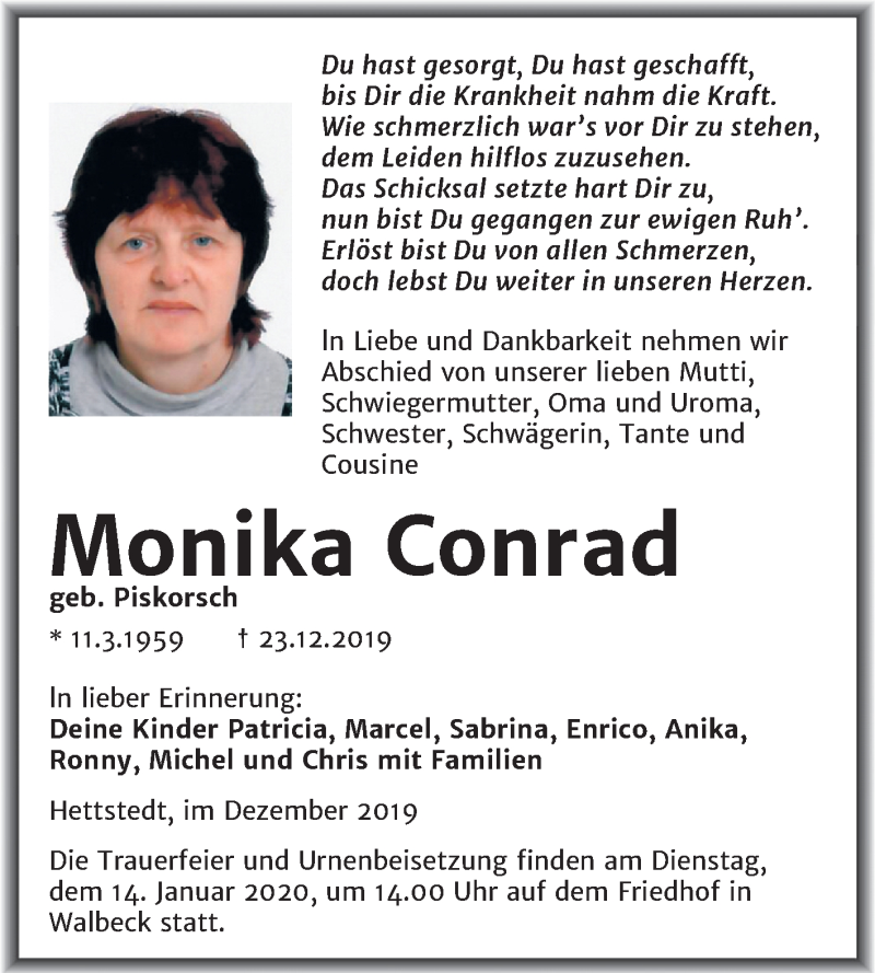  Traueranzeige für Monika Conrad vom 02.01.2020 aus Mitteldeutsche Zeitung Mansfelder Land