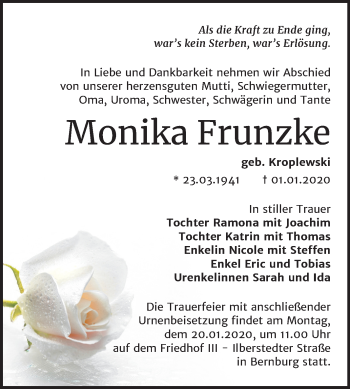 Traueranzeige von Monika Frunzke von Super Sonntag Bernburg