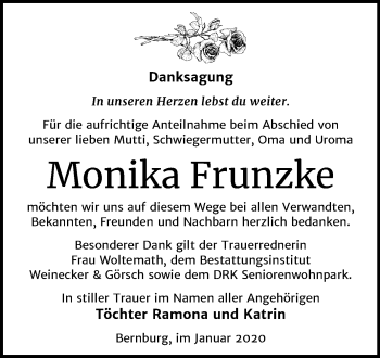 Traueranzeige von Monika Frunzke von Mitteldeutsche Zeitung Bernburg