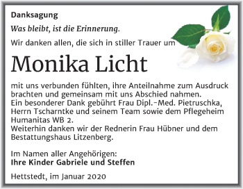 Traueranzeige von Monika Licht von Mitteldeutsche Zeitung Mansfelder Land