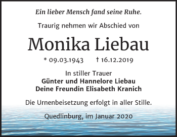Traueranzeige von Monika Liebau von Wochenspiegel Quedlinburg