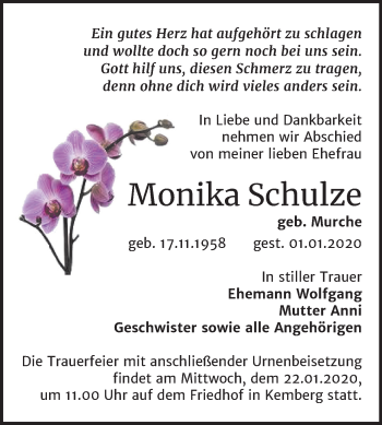 Traueranzeige von Monika Schulze von Wochenspiegel Wittenberg