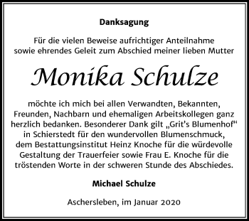 Traueranzeige von Monika Schulze von Mitteldeutsche Zeitung Aschersleben