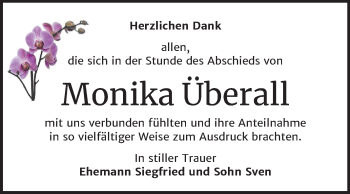 Traueranzeige von Monika Überall von Super Sonntag Dessau-Roßlau