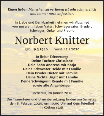 Traueranzeige von Norbert Knitter von Super Sonntag Köthen