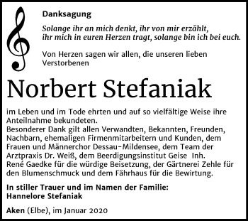 Traueranzeige von Norbert Stefaniak von Mitteldeutsche Zeitung Dessau-Roßlau / Köthen