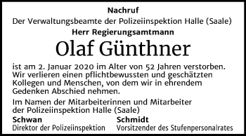 Traueranzeige von Olaf Günthner von Mitteldeutsche Zeitung Mansfelder Land / Halle/Saalkreis