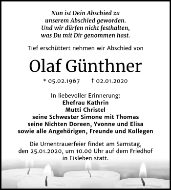 Traueranzeige von Olaf Günthner von Super Sonntag Mansfelder Land