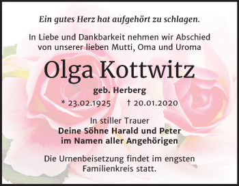 Traueranzeige von Olga Kottwitz von Mitteldeutsche Zeitung Halle/Saalkreis