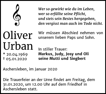 Traueranzeige von Oliver Urban von Super Sonntag Aschersleben