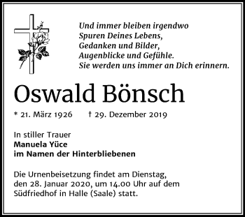 Traueranzeige von Oswald Bönsch von Mitteldeutsche Zeitung Halle/Saalkreis