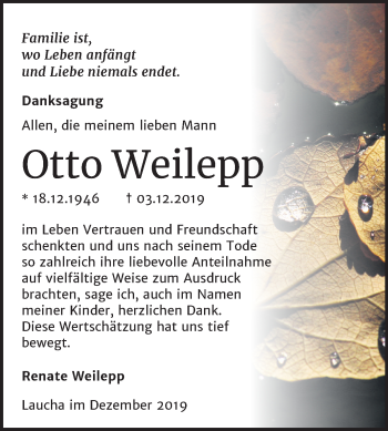 Traueranzeige von Otto Weilepp von Wochenspiegel Naumburg/Nebra
