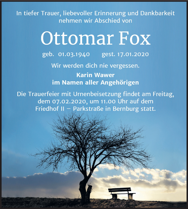  Traueranzeige für Ottomar Fox vom 25.01.2020 aus Mitteldeutsche Zeitung Bernburg