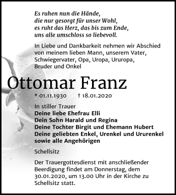 Traueranzeige von Ottomar Franz von Wochenspiegel Naumburg/Nebra