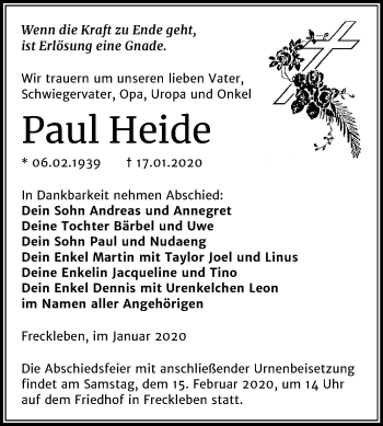 Traueranzeige von Paul Heide von Super Sonntag Aschersleben / Mansfelder Land
