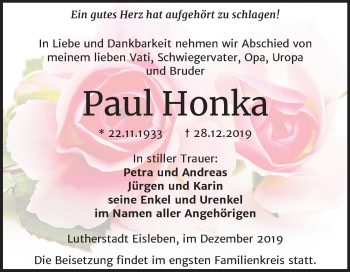 Traueranzeige von Paul Honka von Mitteldeutsche Zeitung Mansfelder Land