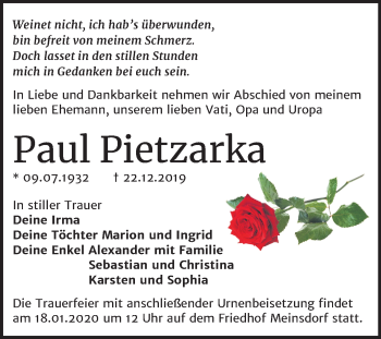 Traueranzeige von Paul Pietzarka von Super Sonntag Dessau-Roßlau
