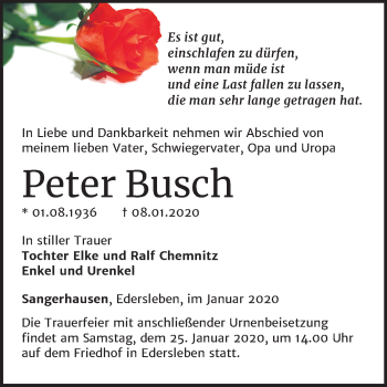 Traueranzeige von Peter Busch von Super Sonntag Sangerhausen