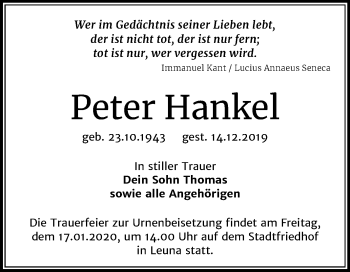 Traueranzeige von Peter Hankel von Super Sonntag Merseburg/Querfurt