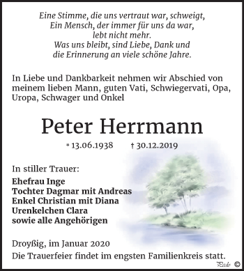 Traueranzeige von Peter Herrmann von Mitteldeutsche Zeitung Zeitz