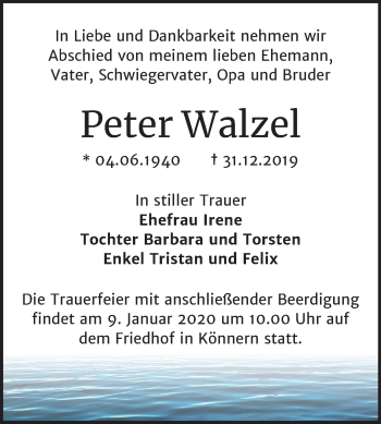Traueranzeige von Peter Walzel von Mitteldeutsche Zeitung Bernburg