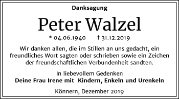 Traueranzeige von Peter Walzel von Super Sonntag Bernburg